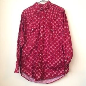 Vintage Express Rider Red Button Down Horseshoe Print Western Shirt Size Medium
